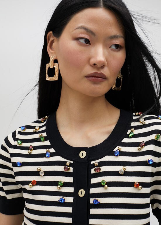 CARDIGAN A RIGHE CON STRASS MANICA CORTA