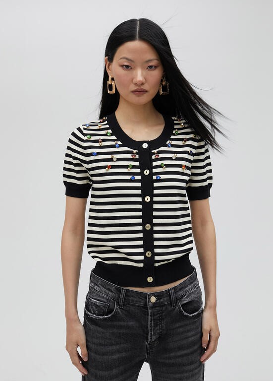 CARDIGAN A RIGHE CON STRASS MANICA CORTA