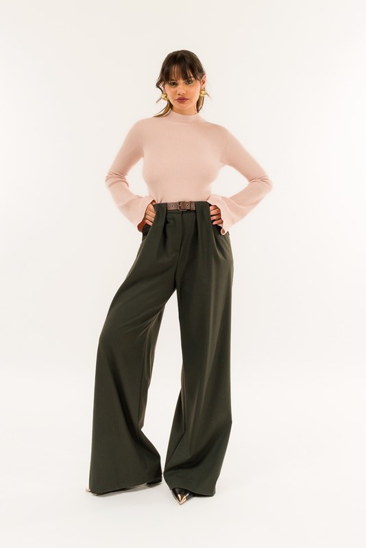 PANTALONE PIEGHE GESSATO CON CINTURA