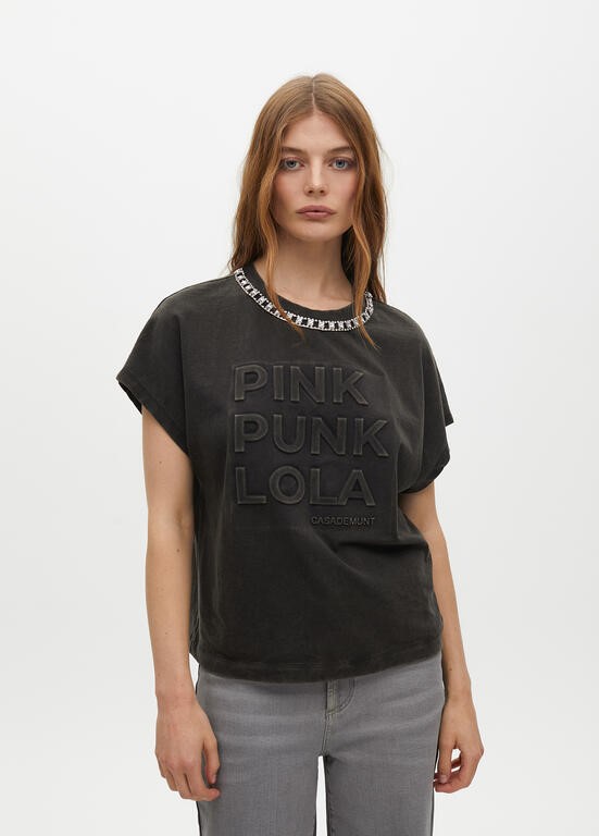 MAGLIETTA A MANICHE CORTE TESSUTO LAVATO CON DETTAGLI GIOIEL