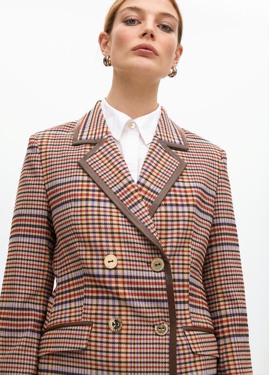 BLAZER DOPPIO PETTO QUADRI CON CONTRASTI IN ECOPELLE