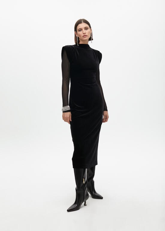 VESTITO LUNGO DI VELLUTO CON MANICHE TRASPARENTI