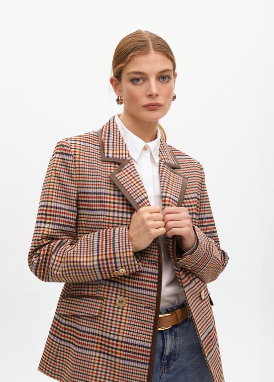 BLAZER DOPPIO PETTO QUADRI CON CONTRASTI IN ECOPELLE