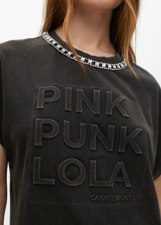 MAGLIETTA A MANICHE CORTE TESSUTO LAVATO CON DETTAGLI GIOIEL