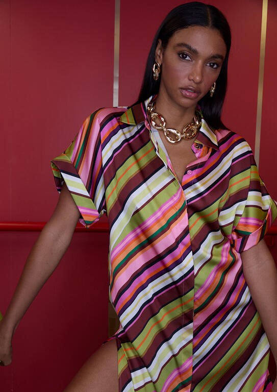 ABITO CAMICIA IN RASO STAMPA MULTISTRIPE