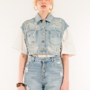 GILET JEANS CORTO CON APPLICAZIONI