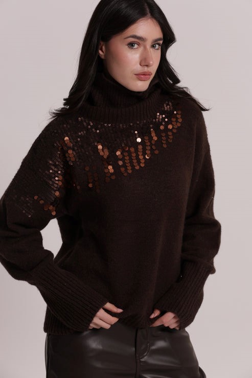 MAGLIA COLLO ALTO CON CASCATE DI PAILLETTES