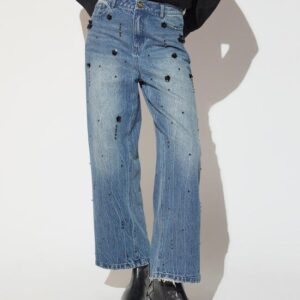 DENIM DRITTO CON STRASS E PERLINE FLOREALI NERE